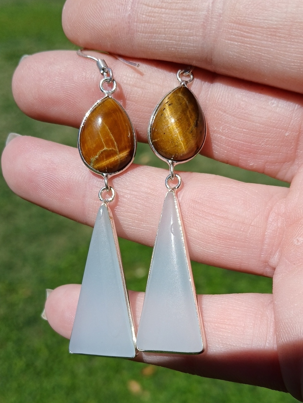 New Tiger Eye & Aqua Chalcedony 925 Silver Earrings. 